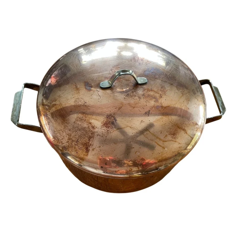 Vintage Copper Stock Pot with Lid Stainless Steel Lining 9 Inch Dutch Oven Pot